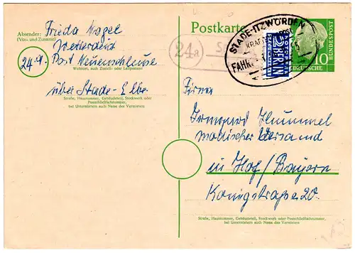 BRD 1955, Landpost Stpl. 24a SÜDERDEICH über Stade auf Ganzsache m. Bahnpoststpl