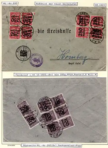 DR 1923, 16 Infla Dienstmarken vorder- u. rückseitig auf Brief v. Kassel