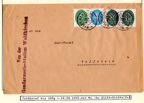 DR 1933, 3+4+2x8 Pf. Dienst auf Brief der Gendarmeriestation Waldkirchen.