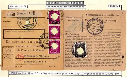 DR 1944, 30 (rücks.)+3x40 Pf. Dienst auf Paketkarte v. Stuttgart n. Strassburg.