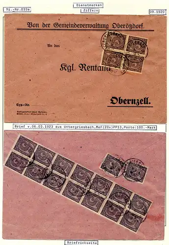 DR 1923, MeF Massenfrankatur 20x5 Mk. vorder-u. rs. auf Brief v. Untergriesbach