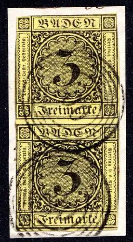 Baden, senkr. Paar 3 Kr. auf Briefstück m. Nr.-Stpl. 100, Neustadt