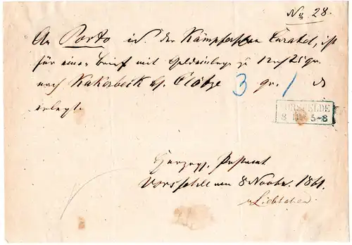 Braunschweig 1861, Postschein bzgl. Portoforderung m. blauem R2 VORDFELDE