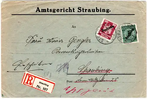 DR 1925, Mischfrankatur 5+30 Pf. Dienst auf Orts Einschreiben Brief v. Straubing