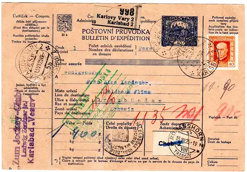 Tschechoslowakei 1925, 40 H. auf Auslands Paketkarten Ganzsache v. Karlovy Vary