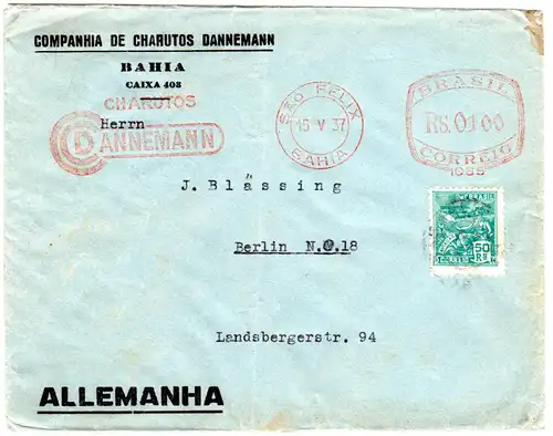 Brasilien 1937, Zigarrenhandel Brief m. 50 R.+Dannemann Freistempel v. Sao Felix