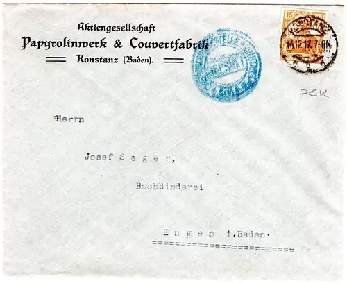 DR 1917, 15 Pf. Germania m. perfin auf Firmen Drucksache Brief v. Konstanz