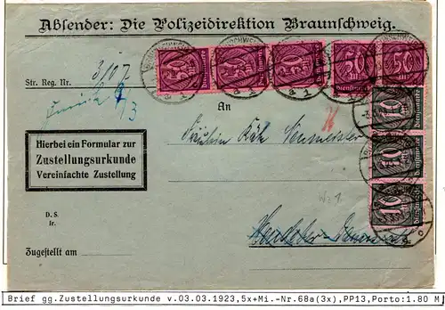 DR 1923, 5x50+3x10 Mk. Dienst auf Zustellungsurkunde Brief v. Braunschweig