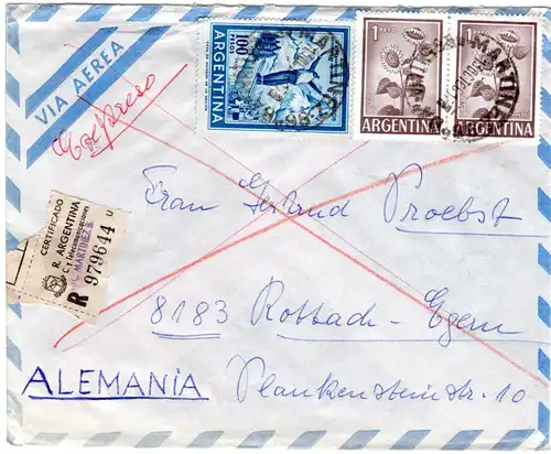 Argentinien 1958, 100+2x1 P. auf Luftpost Reko Express Brief n. Rottach-Egern