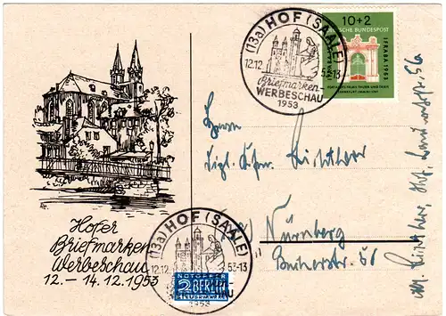 BRD 1953, EF 10 Pf. IFRABA auf Sonderkarte Hofer Briefmarken Werbeschau