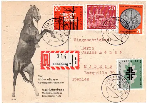 BRD 1959, 4 Marken auf Einschreiben Karte v. Lüneburg n. Spanien