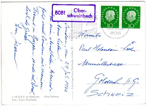 BRD 1962, Landpost Stpl. 8081 Oberschweinbach auf AK m. 2x10 Pf.