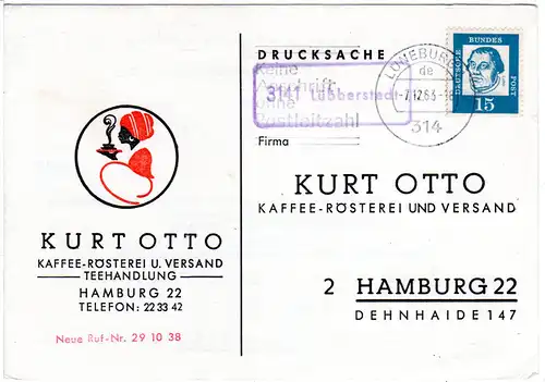 BRD 1963, Landpost Stpl. 3141 LÜBBERSTEDT auf Kaffee Werbekarte m Stpl. Lüneburg