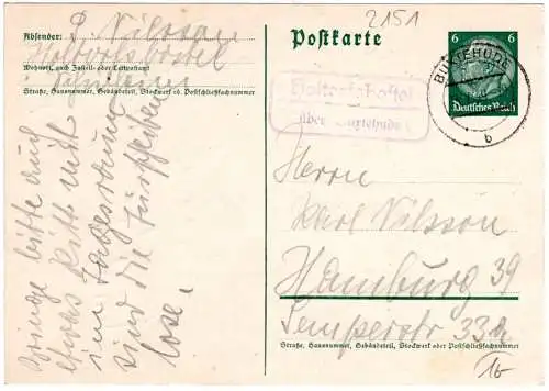 DR 1939, Landpost Stpl. HOLTORFSBOSTEL über Buxtehude auf 6 Pf. Ganzsache.