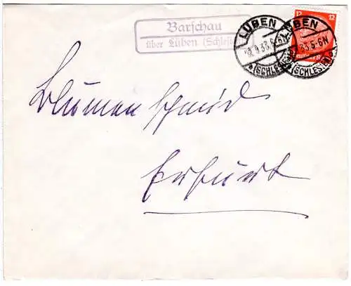 DR 1938, Landpost Stpl. BARSCHAU über Lüben (Schlesien) auf Brief m. 12 Pf.
