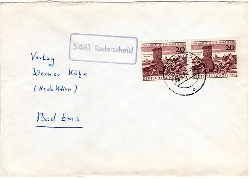 BRD 1962, Landpost Stpl. 5461 REDERSCHEID auf Brief m. MeF 2x20 Pf. Mainz.