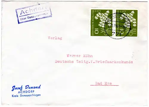 BRD 1961, Landpost Stpl. ACHDORF über Donaueschingen auf Brief m. MeF 2x10 Pf.