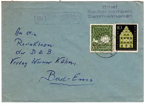 BRD 1961, Landpost Stpl. 13a BIRKENFELD über Hofheim auf Brief m. 2x10 Pf.