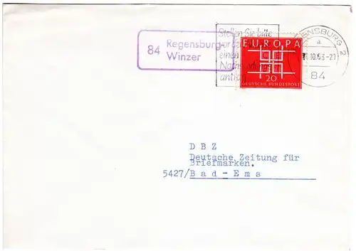 BRD 1963, Landpost Stpl. 84 REGENSBURG-WINZER auf Brief m. 20 Pf. 