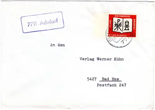 BRD 1963, Landpost Stpl. 7711 ACHDORF auf Brief m. 20 Pf. Bibelanstalt