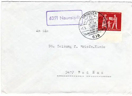 BRD 1963, Landpost Stpl. 6391 NAUNSTADT auf Brief m. 20 Pf. 