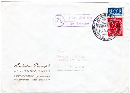 BRD 1954, Landpost Stpl. 17b LITZELSTETTEN über Konstanz auf Brief m. 20 Pf. 