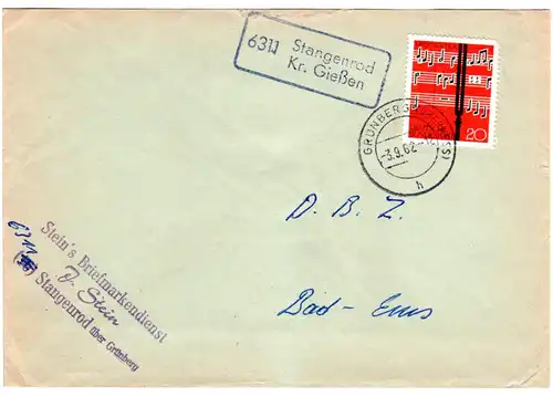 BRD 1962, Landpost Stpl. 6311 STANGENROD Kr. Gießen auf Brief m. 20 Pf. 