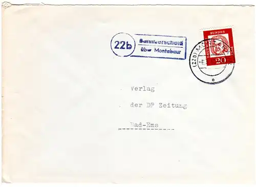 BRD 1962, Landpost Stpl. 22b BANNBERSCHEID über Montabaur auf Brief m. 20 Pf.