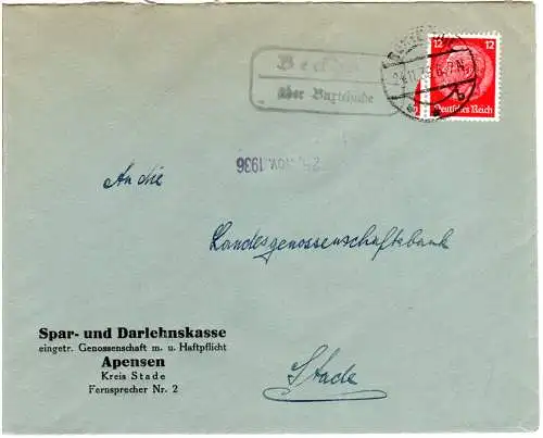 DR 1938, Landpost Stpl. BECKDORF über Buxtehude auf Brief v. Apensen m. 12 Pf. 