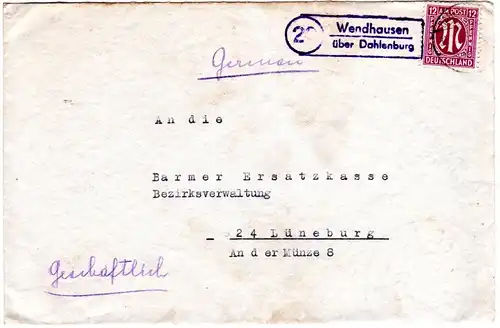 1945, Landpost Stpl. WENDHAUSEN über Dahlenburg auf Brief m. 12 Pf.
