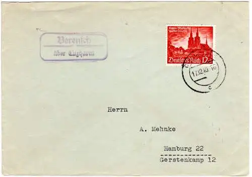 DR 1940, Landpost Stpl. BERENSCH über Cuxhaven auf Brief m. 12 Pf. 