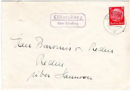 DR 1936, Landpost Stpl. LÜDERSBURG über Lüneburg auf Brief m. 12 Pf. 