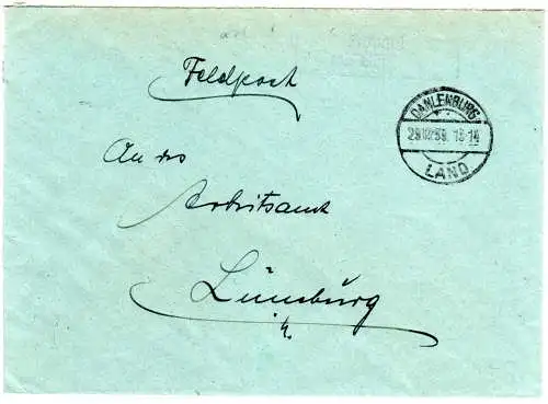 DR 1939, Landpost Stpl. KOVAHL über Dahlenburg auf Feldpost-Brief 