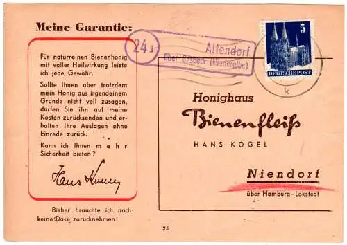 1948, Landpost Stpl. 24a ALTENDORF über Basbeck auf Karte m. 5 Pf. Bauten