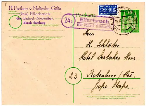 BRD 1951, Landpost Stpl. 24a ELLERBRUCH über Basbeck auf 10 Pf. Ganzsache