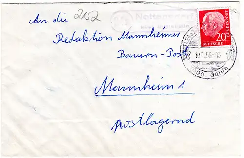 BRD 1959, Landpost Stpl. 24a NOTTENSDORF über Buxtehude auf Brief m. 20 Pf.