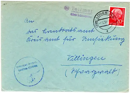 BRD 1958, Landpost Stpl. 24a TELLMER über Lüneburg auf Gemeinde Brief m. 20 Pf.