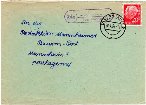 BRD 1959, Landpost Stpl. 24a STINSTEDT über Lamstedt auf Brief m. 20 Pf.