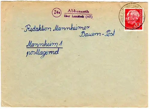 BRD 1959, Landpost Stpl. 24a ABBENSETH über Lamstedt (NE) auf Brief m. 20 Pf.