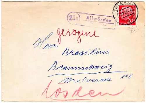 BRD 1957, Landpost Stpl. 24a ALLWÖRDEN über Stade auf Brief m. 20 Pf.