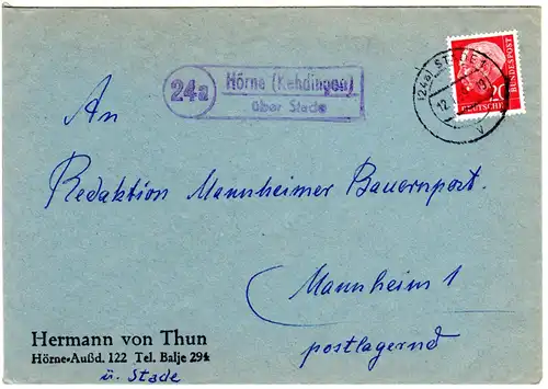 BRD 1959, Landpost Stpl. 24a HÖRNE (Kehdingen) über Stade auf Brief m. 20 Pf.