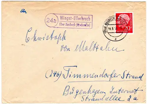 BRD 1958, Landpost Stpl. 24a WINGST-ELLERBRUCH über Basbeck auf Brief m. 20 Pf.