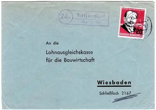 BRD 1957, Landpost Stpl. 24a BALJERDORF über Stade auf Brief m. 20 Pf. Ballin.