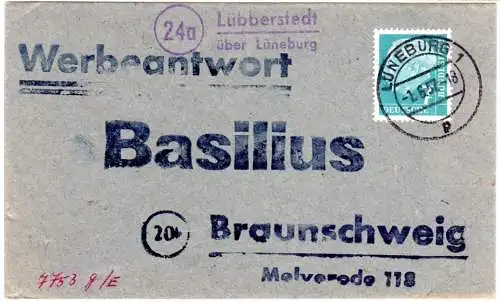 BRD 1957, Landpost Stempel 24a LÜBBERSTEDT über Lüneburg auf Werbeantwort Brief