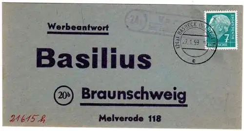 BRD 1959, Landpost Stempel 24a VARREL über Basbeck auf Werbeantwort Brief 