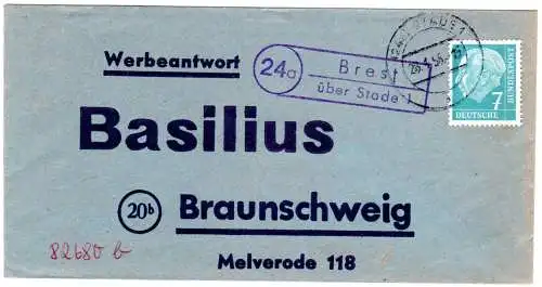 BRD 1958, Landpost Stempel 24a BREST über Stade 1 auf Werbeantwort Brief 