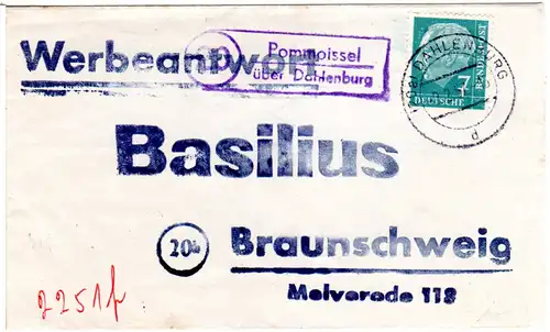 BRD 1957, Landpost Stempel 20 POMMOISSEL über Dahlenburg auf Werbeantwort Brief 