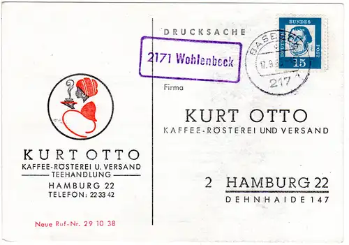 BRD 1963, Landpost Stempel 2171 WOHLENBECK auf Kaffee Werbekarte m Stpl. Basbeck
