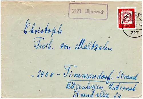 BRD 1962, Landpost Stempel 2171 ELLERBRUCH auf Brief m Stpl. Basbeck