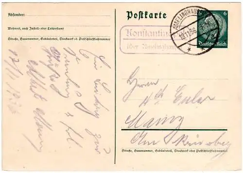 DR 1936, Landpost Stpl. KONSTANTINOPEL über Amelinghausen auf 6 Pf. Ganzsache.